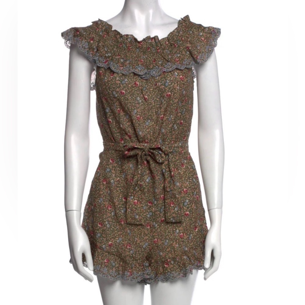 Sézane Kiwi Jumpsuit Romper Dress Floral Eyelet Embroidered Ruffle Size 8